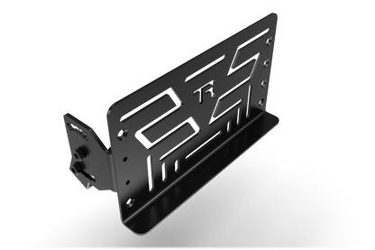 Black metal license plate holder with branding on a transparent background