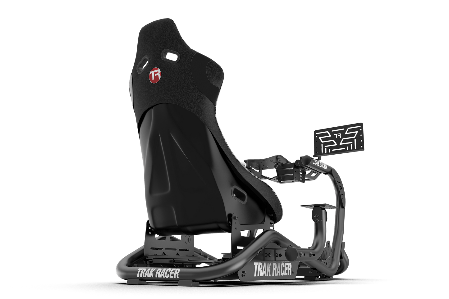 Black racing seat with attached pedals on a transparent background