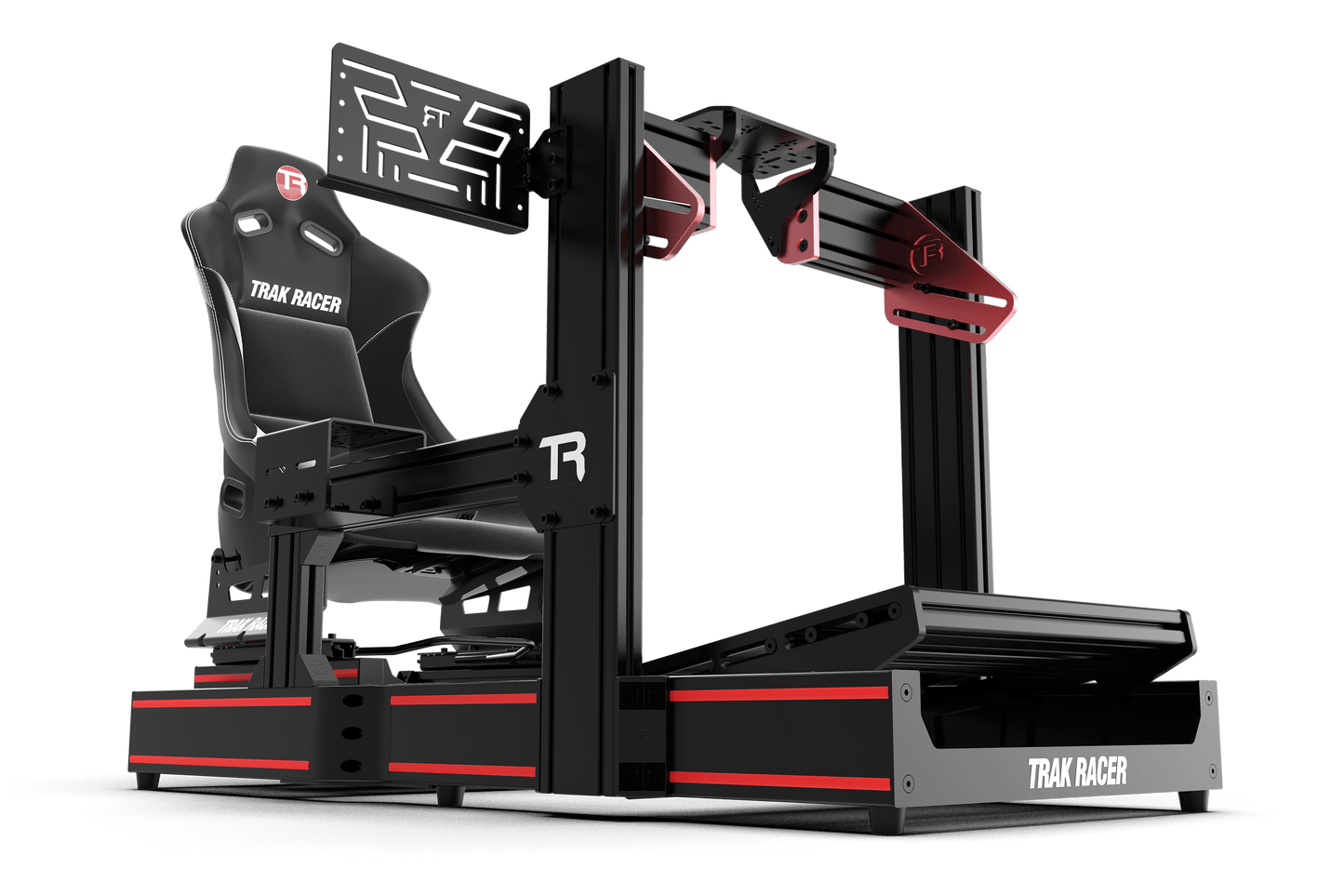 Black and red gaming simulator chair with 'Trak Racer' branding on a transparent background