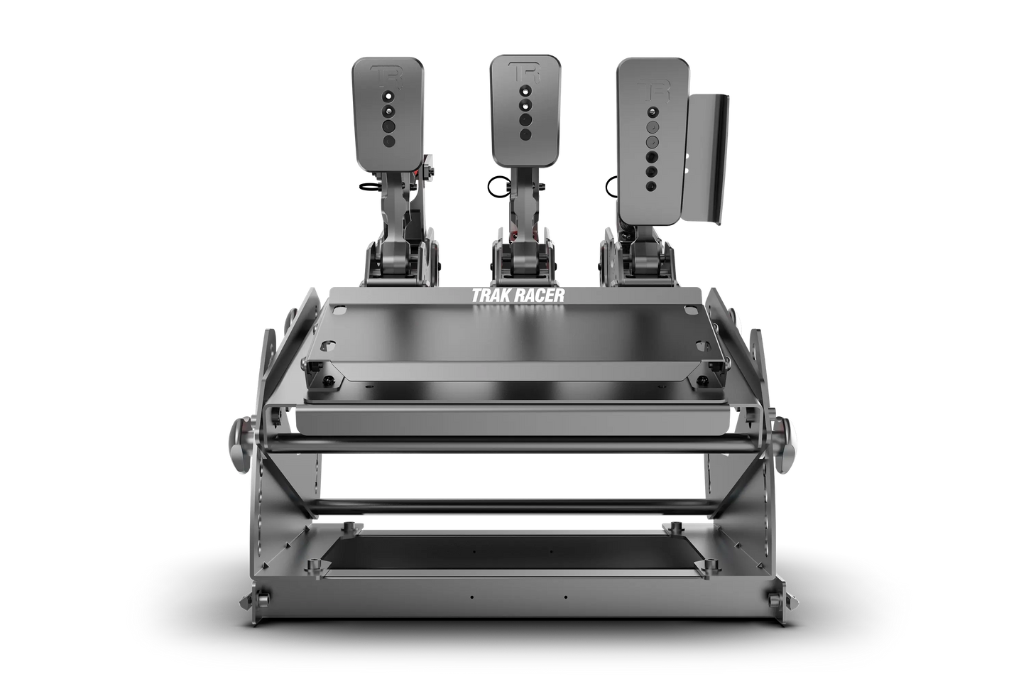 Simulator steering wheel and pedals on a white background