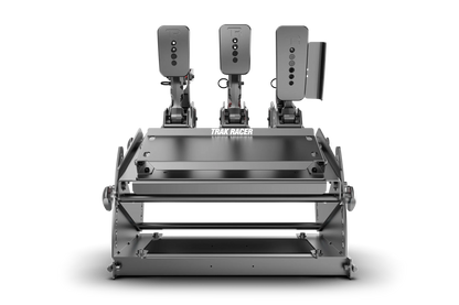 Simulator steering wheel and pedals on a white background