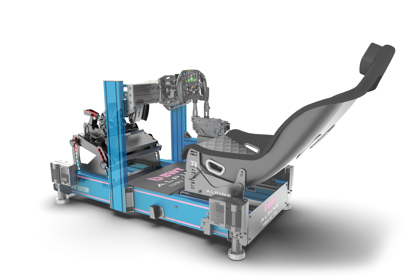 Simulator racing seat with a blue base on a white background