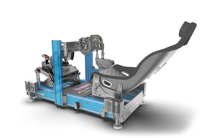 Simulator racing seat with a blue base on a white background