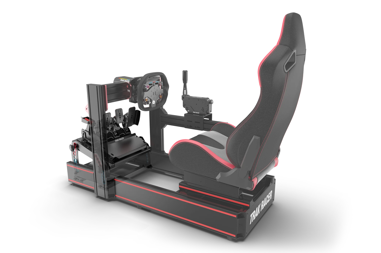 Racing simulator setup with steering wheel, pedals, and seat on a white background