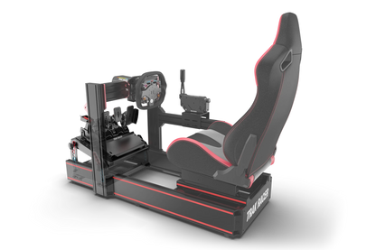 Racing simulator setup with steering wheel, pedals, and seat on a white background