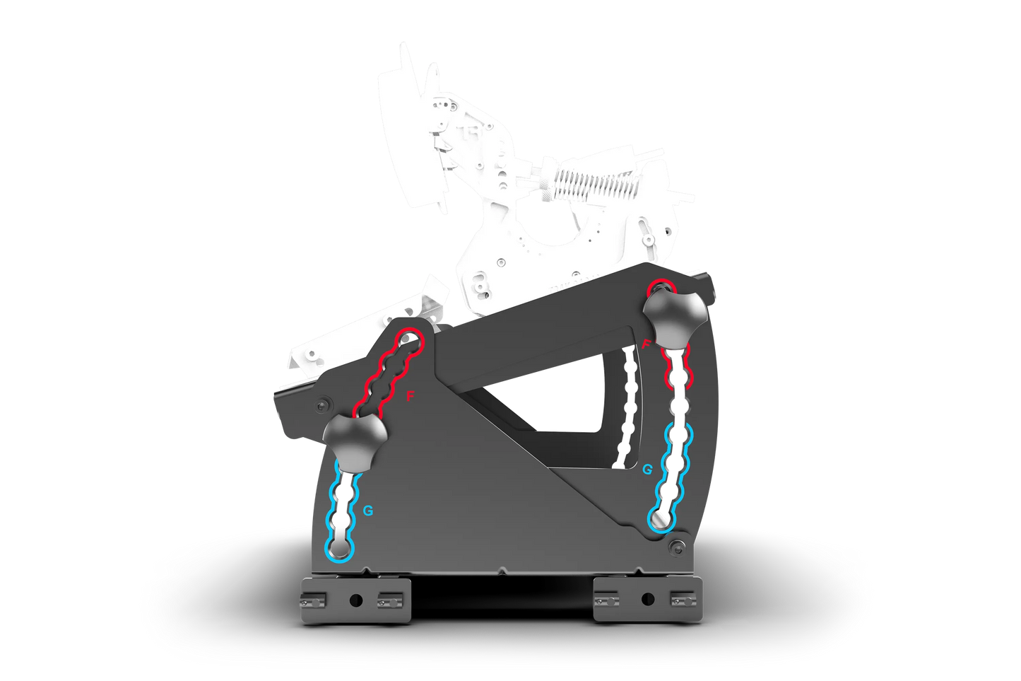Black mechanical device with red and blue elements on a white background
