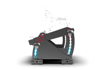 Black mechanical device with red and blue elements on a white background