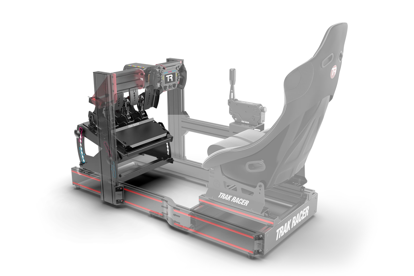 Racing simulator setup with chair and desk on a white background