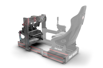Racing simulator setup with chair and desk on a white background