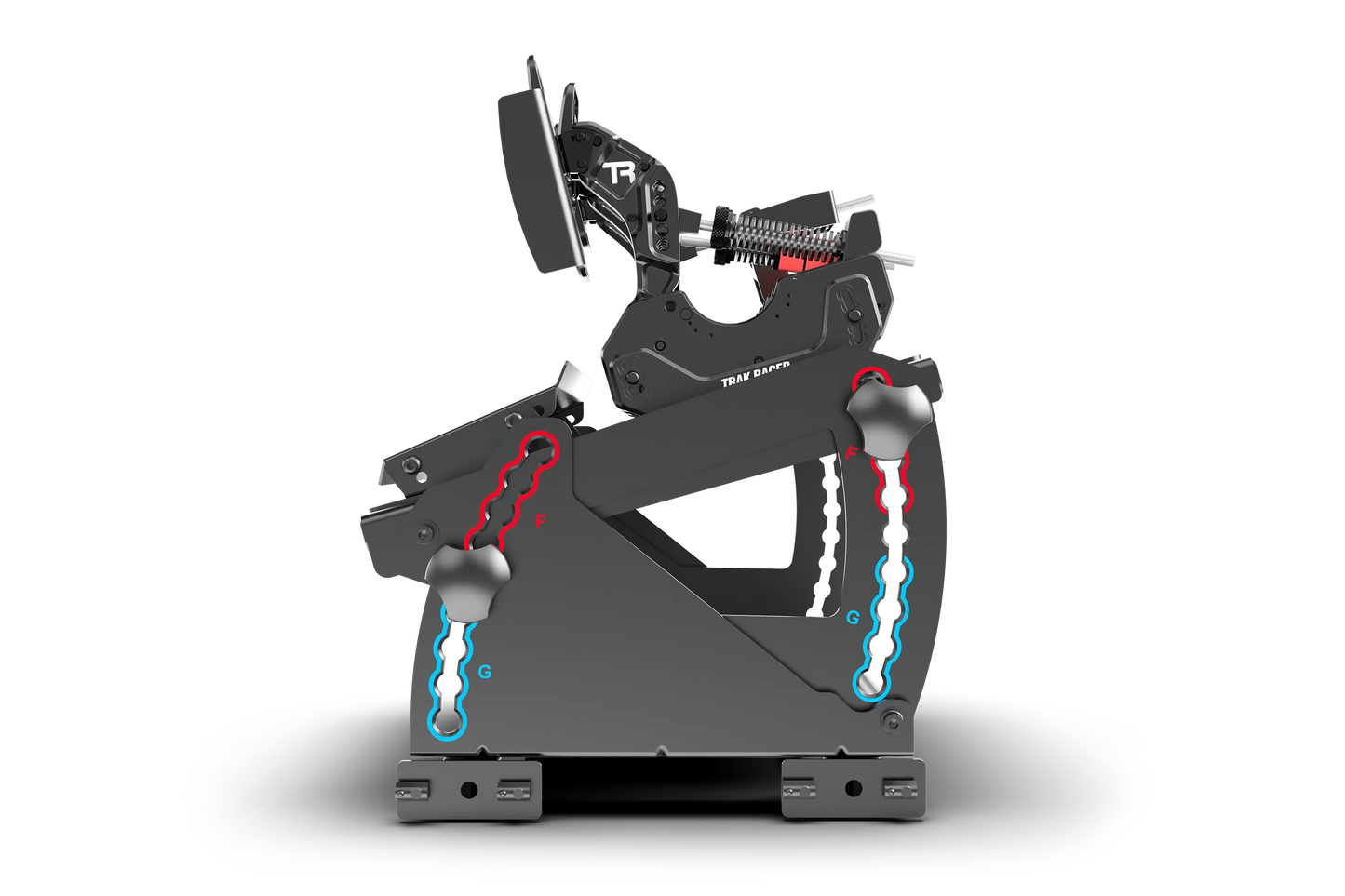 Black and gray mechanical device with red accents on a white background