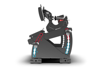Black and gray mechanical device with red accents on a white background