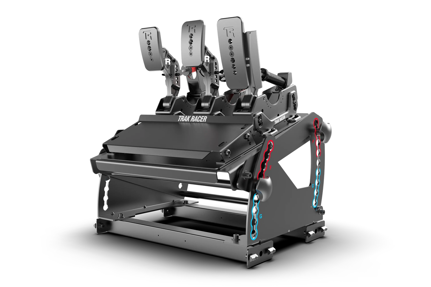 Simulator racing seat with pedals on a white background