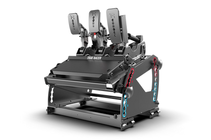 Simulator racing seat with pedals on a white background
