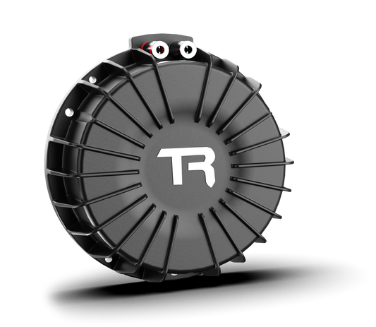 Black circular component with 'TR' logo on a white background