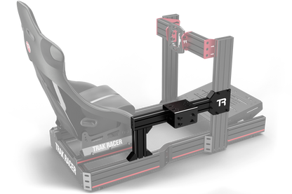 Gray gaming chair with a racing simulator base on a white background
