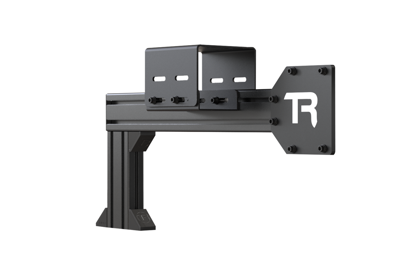 Black metal bracket with a logo on a white background