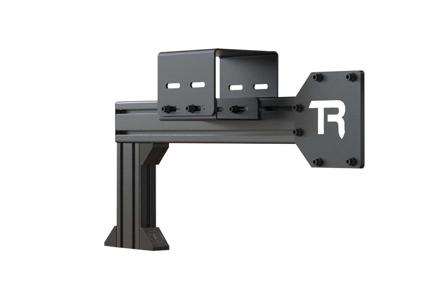 Black metal bracket with a logo on a white background