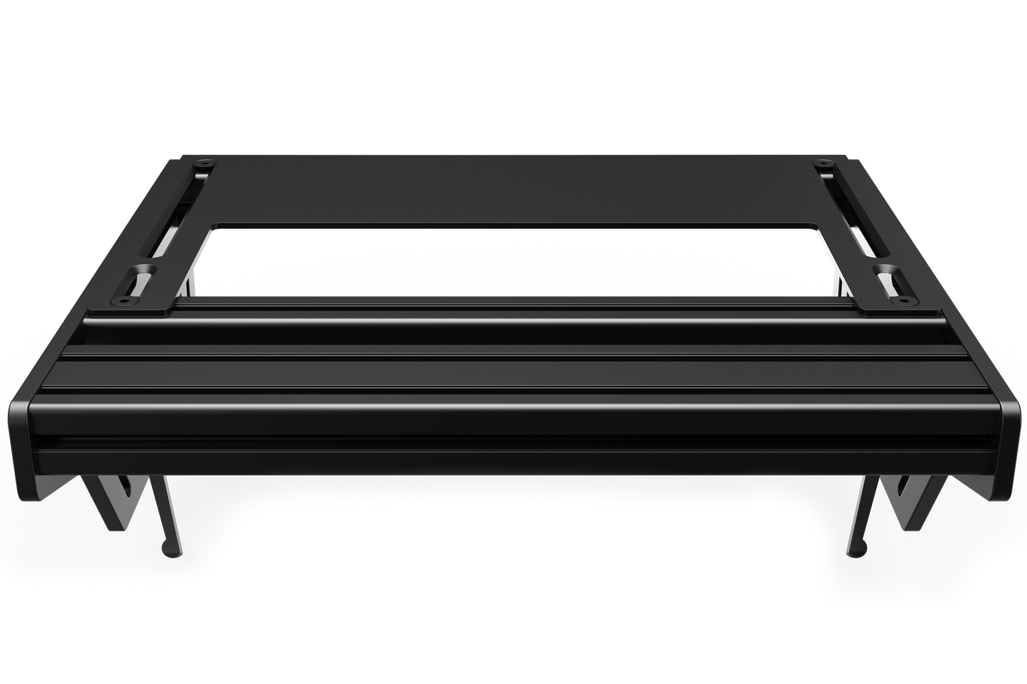 Black metal shelf with slats on a white background
