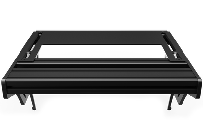 Black metal shelf with slats on a white background