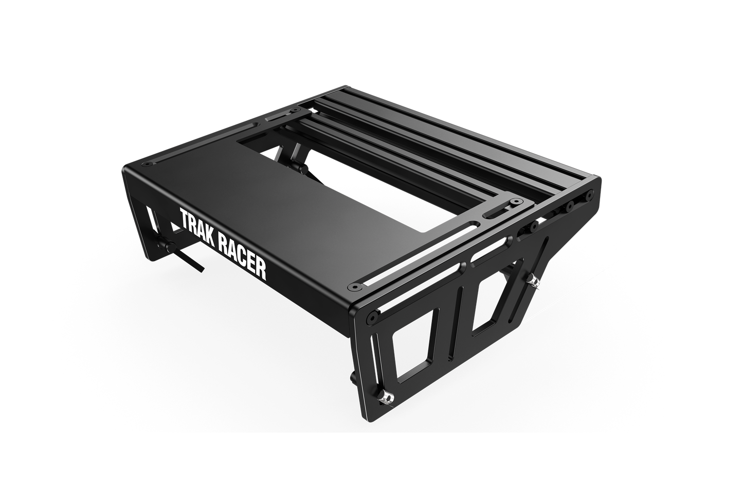 Black metal roof rack with 'Trak Racer' branding on a white background
