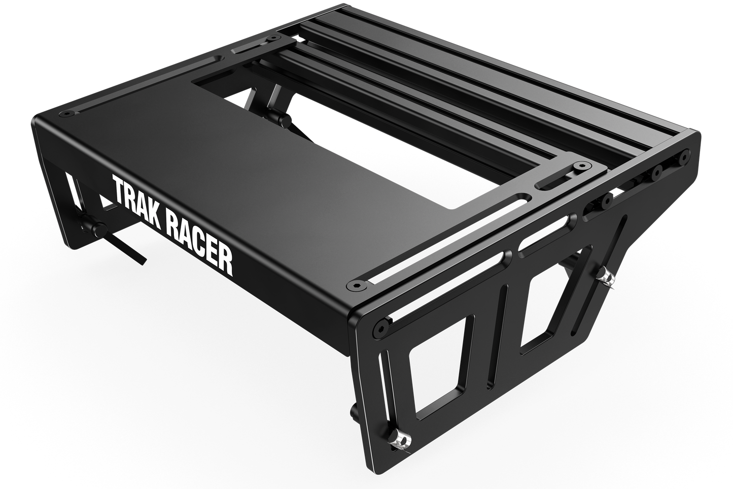 Black metal roof rack with 'Trak Racer' branding on a white background