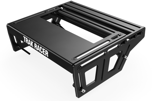 Black metal roof rack with 'Trak Racer' branding on a white background