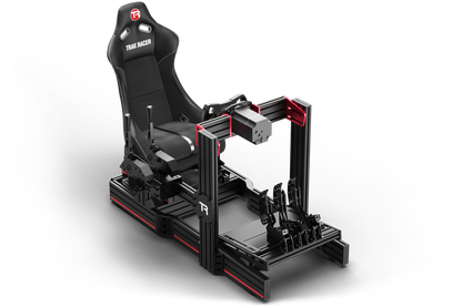 Black gaming chair with red accents on a white background