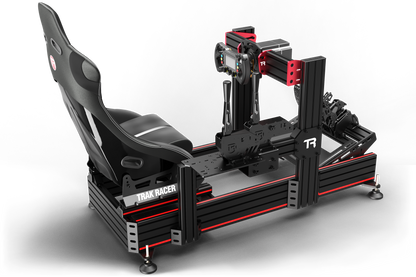 Black and red gaming chair with a racing simulator setup on a white background