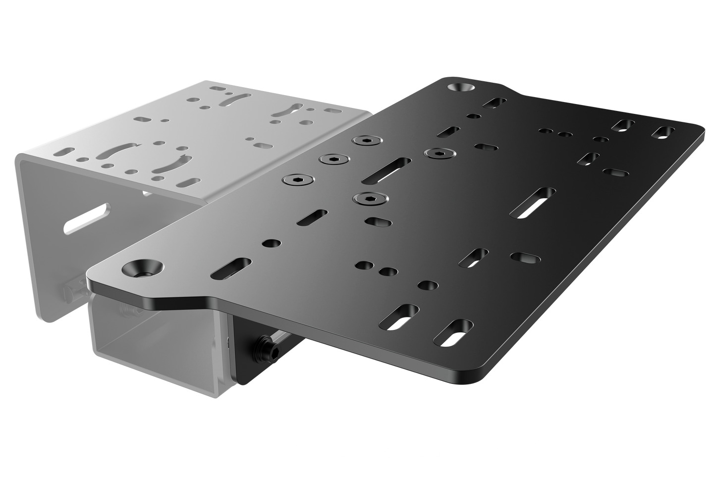 Two metal mounting brackets, one black and one silver, on a white background.