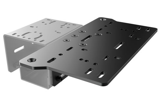Two metal mounting brackets, one black and one silver, on a white background.