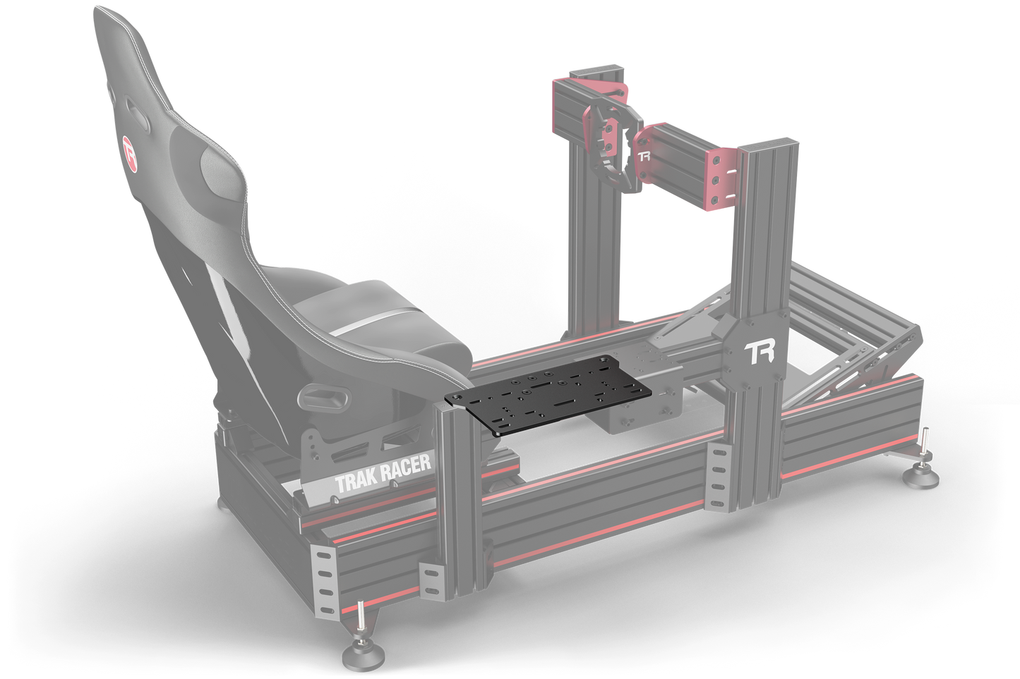 Gray racing simulator chair with red accents on a white background