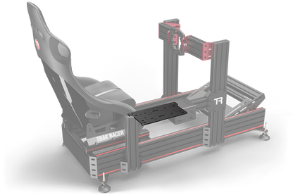 Gray racing simulator chair with red accents on a white background