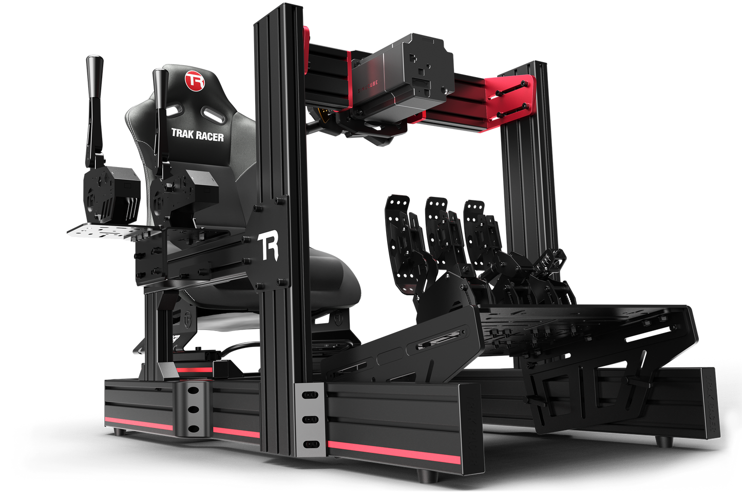 Black and red gaming simulator setup with multiple seats on a white background