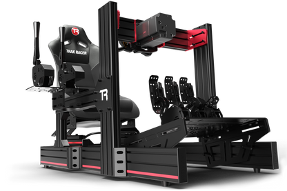 Black and red gaming simulator setup with multiple seats on a white background