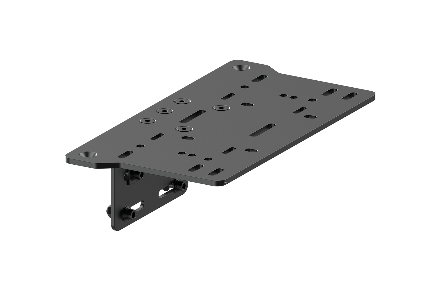 Black metal bracket with dimensions labeled on a black background