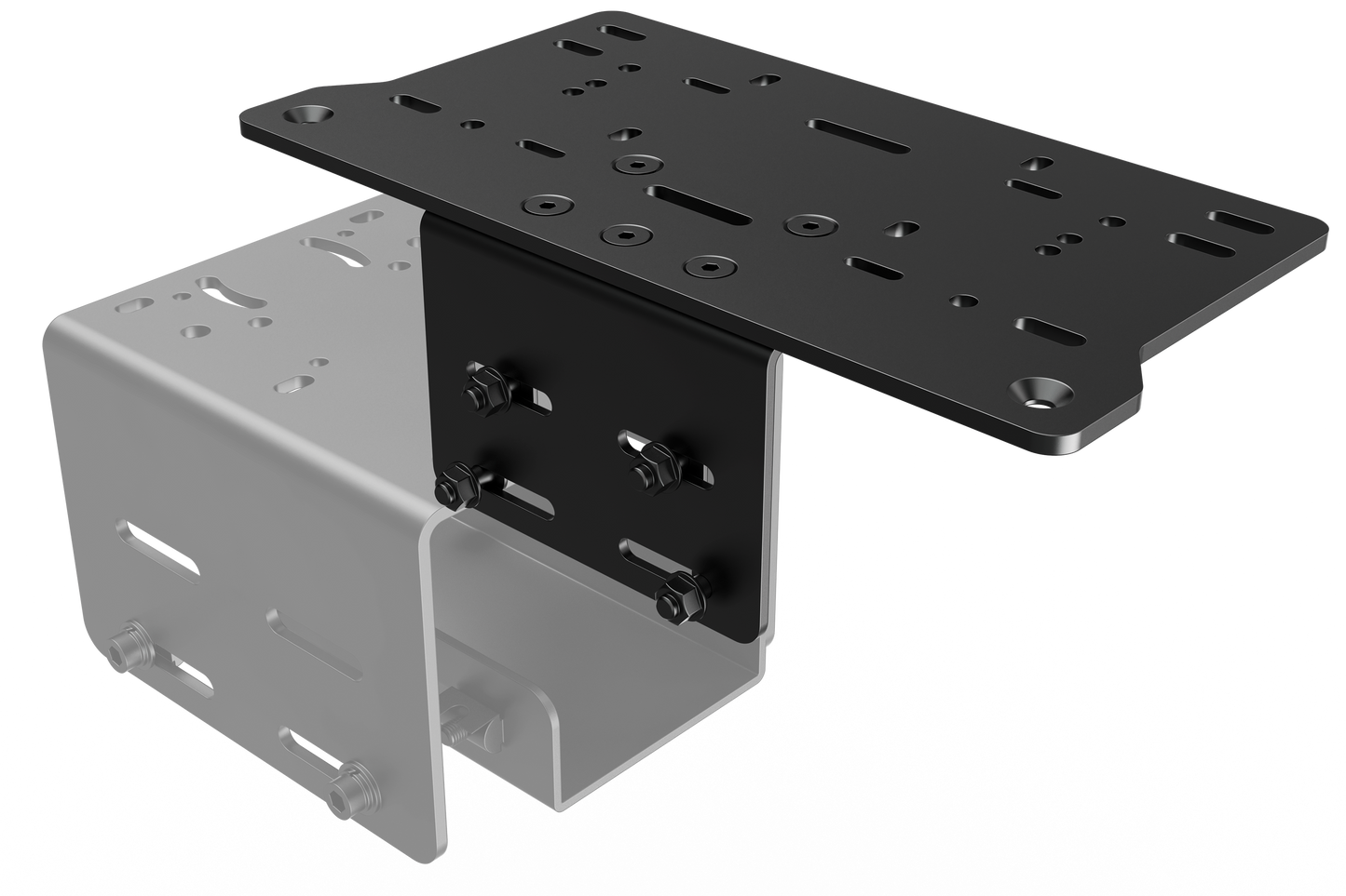 Metal mounting bracket with black and gray components on a white background