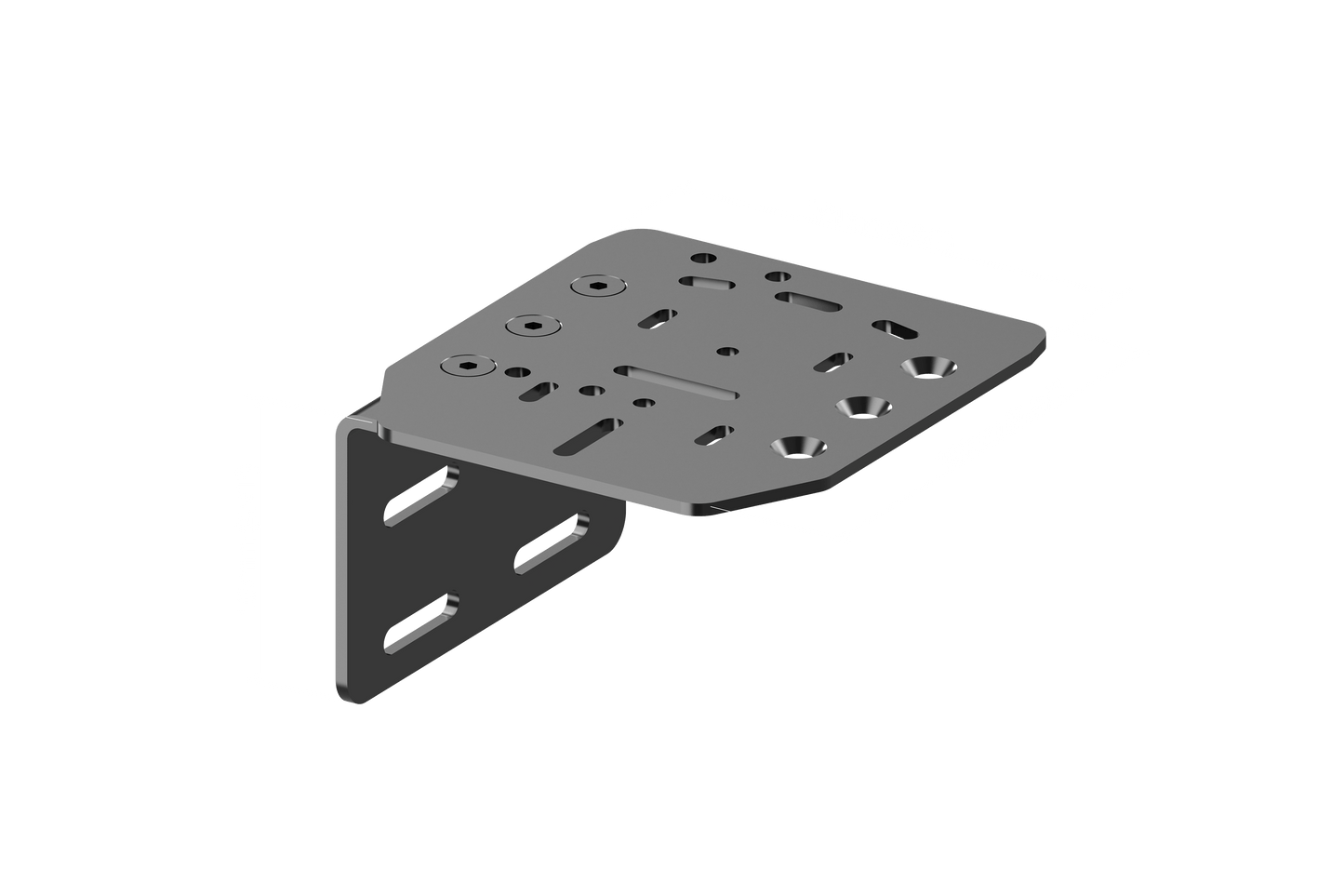 Gray metal bracket with dimensions on a green background
