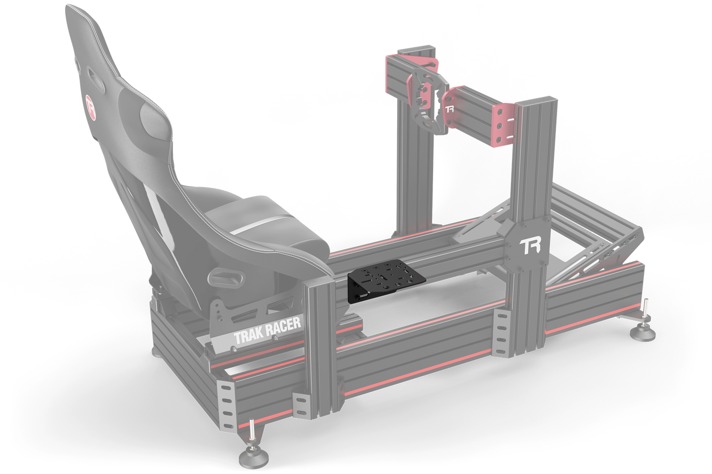 Gray and red gaming simulator chair with 'Team Racer' branding on a white background