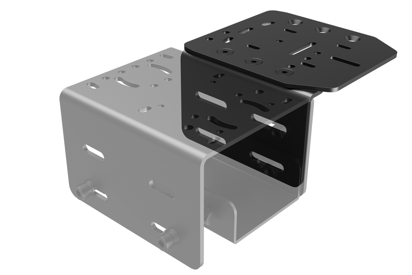 Two metal brackets, one gray and one black, on a white background