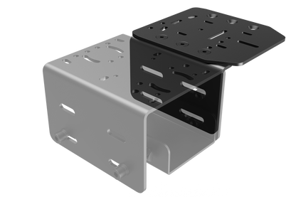 Two metal brackets, one gray and one black, on a white background