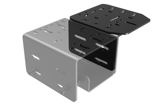 Two metal brackets, one gray and one black, on a white background