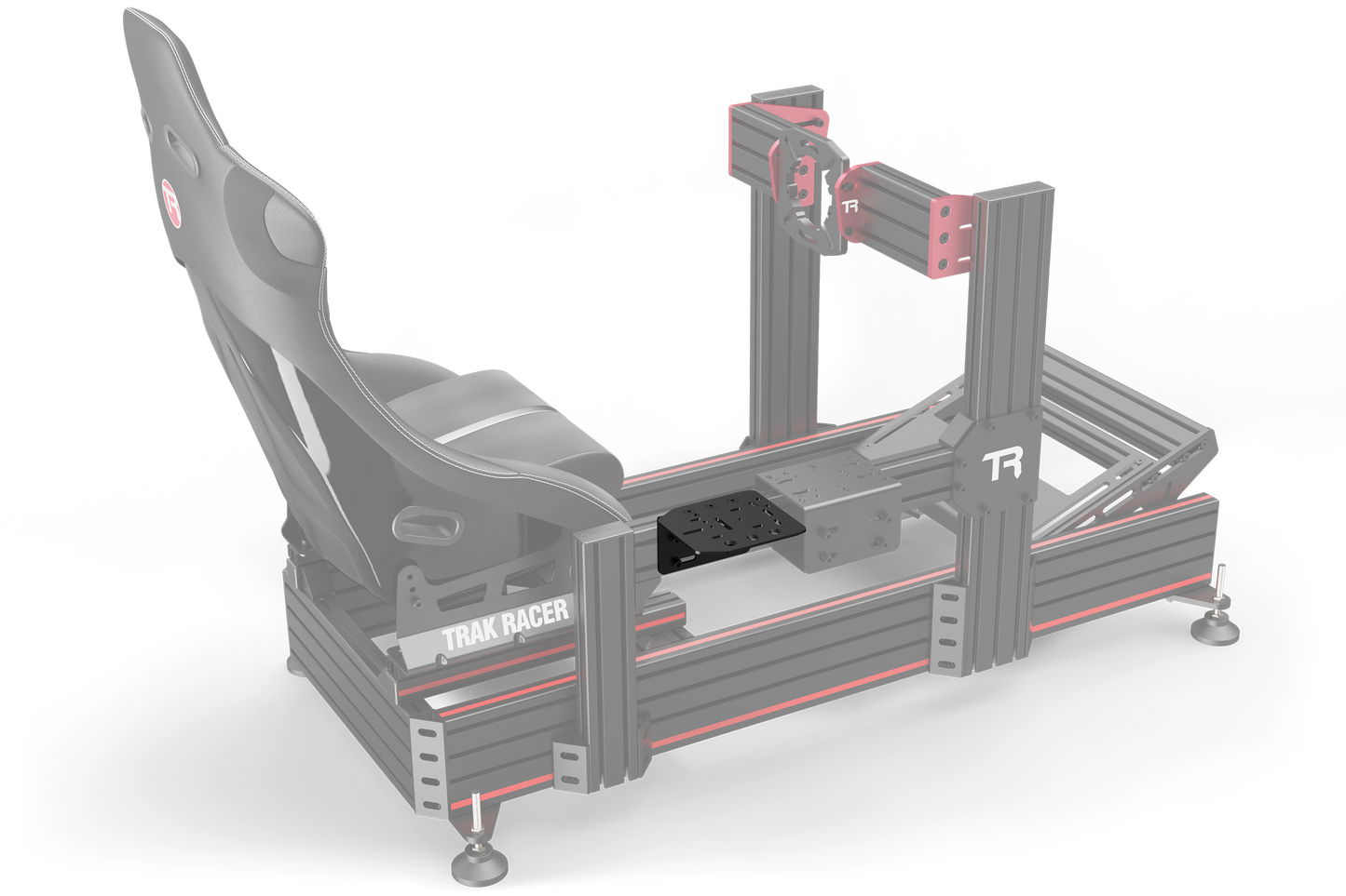 Gray gaming simulator chair with red accents on a white background
