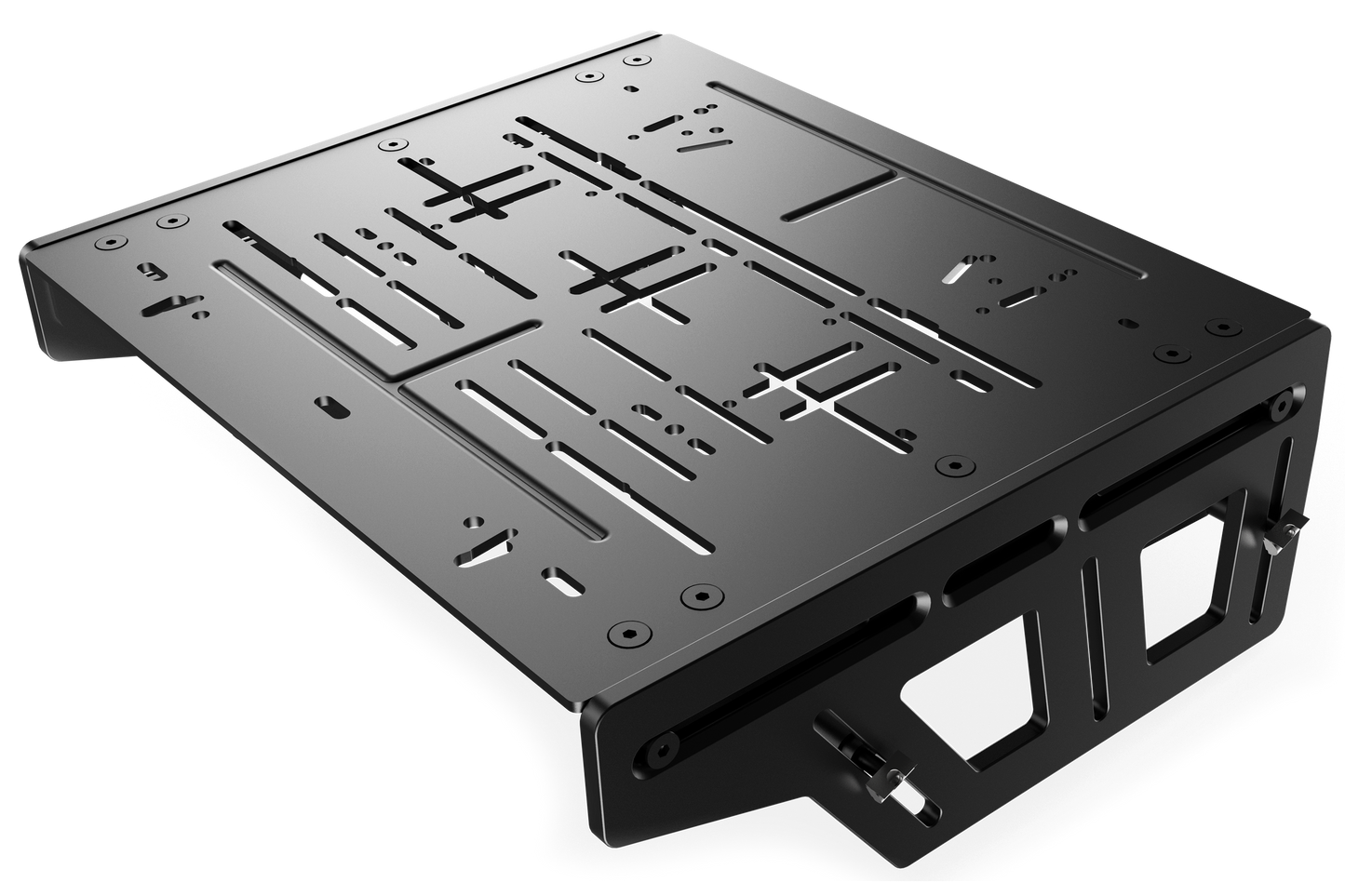 Black metal bracket with multiple holes on a white background