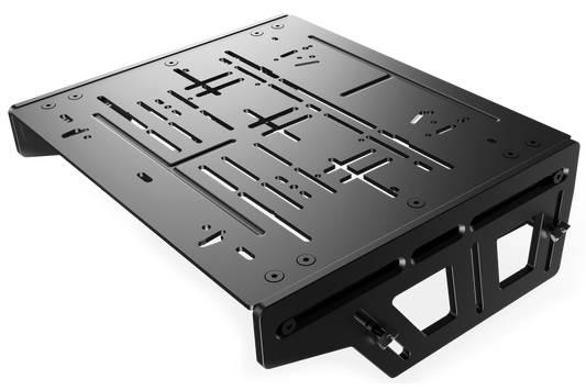 Black metal bracket with multiple holes on a white background
