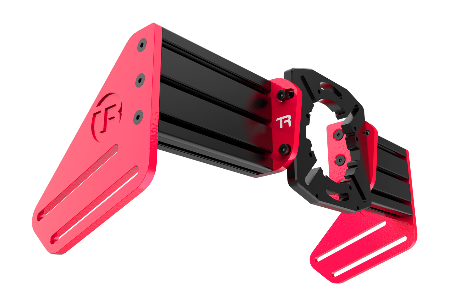 Red and black mechanical arm-like structure on a white background