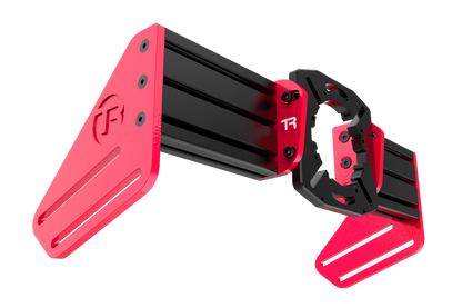 Red and black mechanical arm-like structure on a white background