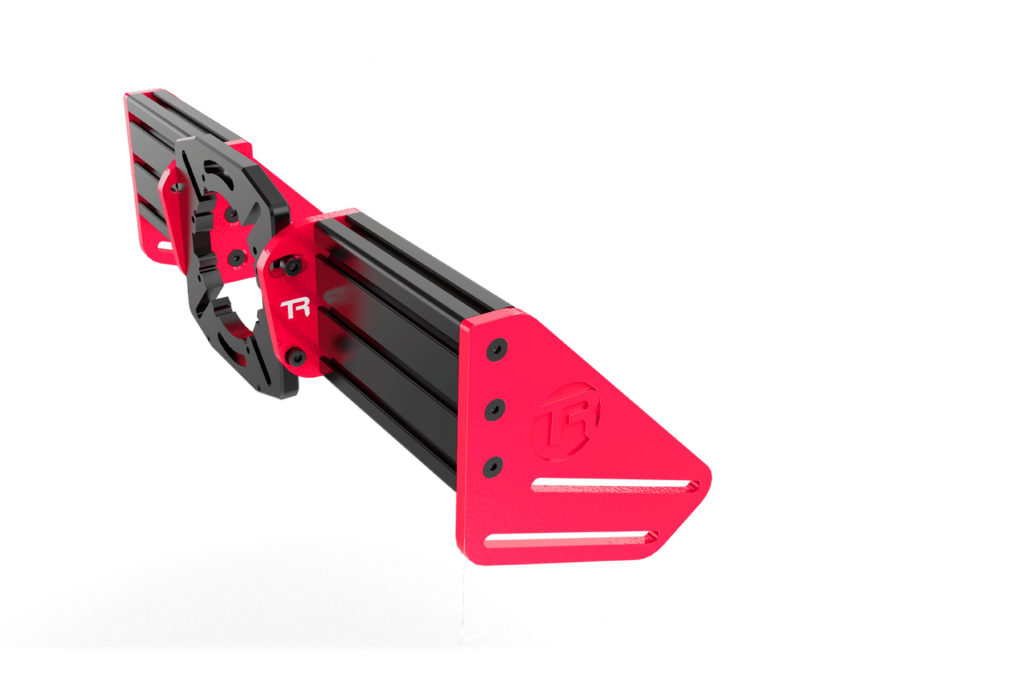 Red and black metal bracket with dimensions on a green background
