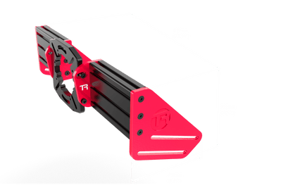 Red and black metal bracket with dimensions on a green background
