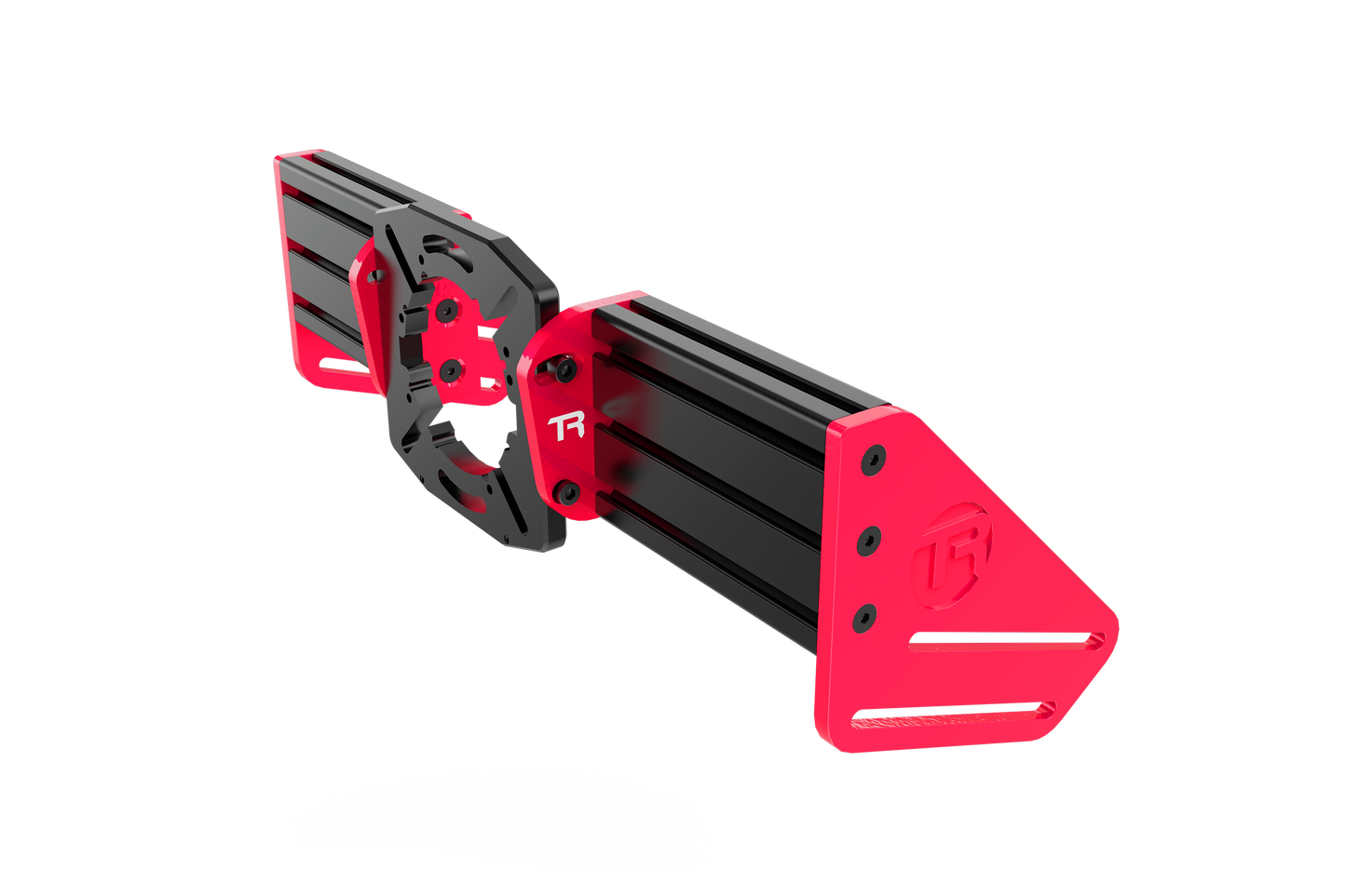 Black and red mechanical device on a white background