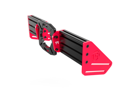 Black and red mechanical device on a white background